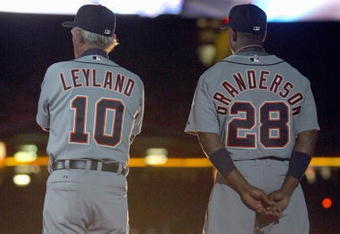 TORONTO - APRIL 6: Manager Jim Leyland #10 and Curtis Granderson #28 of the Detroit Tigers stand on the field during introductions before the Opening Day game against the Toronto Blue Jays at the Rogers Centre April 6, 2009 in Toronto, Ontario. (Photo by: Dave Sandford/Getty Images)