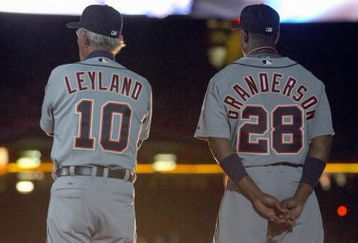 TORONTO - APRIL 6: Manager Jim Leyland #10 and Curtis Granderson #28 of the Detroit Tigers stand on the field during introductions before the Opening Day game against the Toronto Blue Jays at the Rogers Centre April 6, 2009 in Toronto, Ontario. (Photo by: Dave Sandford/Getty Images)