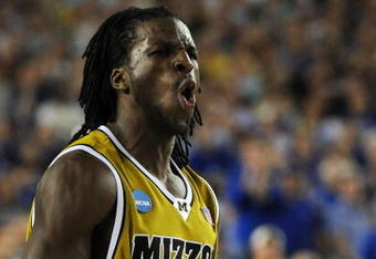 GLENDALE, AZ - MARCH 26:  Forward DeMarre Carroll #1 of the Missouri Tigers celebrates after a play against the Memphis Tigers in the Sweet 16 of the NCAA Division I Men's Basketball Tournament at the University of Phoenix Stadium on March 26, 2009 in Glendale, Arizona.  (Photo by Ronald Martinez/Getty Images)