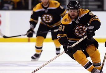 BOSTON - MAY 14:  Phil Kessel #81 of the Boston Bruins takes the puck against the Carolina Hurricanes during Game Seven of the Eastern Conference Semifinal Round of the 2009 Stanley Cup Playoffs on May 14, 2009 at the TD Banknorth Garden in Boston, Massachusetts. The Hurricanes defeated the Bruins 3-2 in overtime.  (Photo by Elsa/Getty Images)