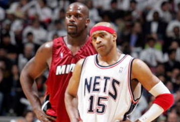 EAST RUTHERFORD, NJ - APRIL 28:  Vince Carter #15 of the New Jersey Nets and Shaquille O'Neal #32 of the Miami Heat look on during a break in Game three of the Eastern Conference Quarterfinals during the 2005 NBA Playoffs at Continental Airline Arena on April 28, 2005 in East Rutherford, New Jersey. The Heat defeated the Nets 108-105 in double overtime.  NOTE TO USER: User expressly acknowledges and agrees that, by downloading and/or using this Photograph, user is consenting to the terms and conditions of the Getty Images License Agreement.  (Photo by Jim McIsaac/Getty Images)