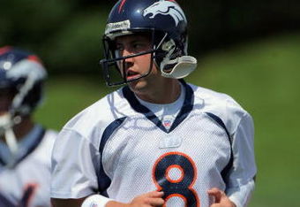 ENGLEWOOD, CO - JUNE 12:  Quarterback Kyle Orton #8 of the Denver Broncos warms up during minicamp practice at the Broncos Dove Valley training facility on June 12, 2009 in Englewood, Colorado.  (Photo by Doug Pensinger/Getty Images)