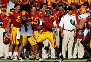 LOS ANGELES, CA - OCTOBER 11:  Cornerback T.J. Bryant #1 of the USC Trojans returns an interception 58 yards against the Arizona State Sun Devils on October 10, 2008 at the Los Angeles Coliseum in Los Angeles, California.  usc WON 28-0.  (Photo by Stephen Dunn/Getty Images)