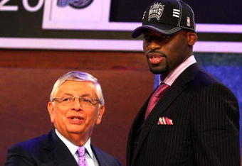 NEW YORK - JUNE 25:  NBA Commissioner David Stern poses for a photograph with the fourth overall draft pick by the Sacramento Kings,  Tyreke Evans during the 2009 NBA Draft at the Wamu Theatre at Madison Square Garden June 25, 2009 in New York City. NOTE TO USER: User expressly acknowledges and agrees that, by downloading and/or using this Photograph, User is consenting to the terms and conditions of the Getty Images License Agreement.  (Photo by Jim McIsaac/Getty Images)