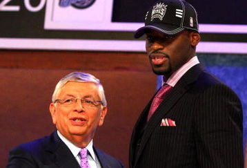 NEW YORK - JUNE 25:  NBA Commissioner David Stern poses for a photograph with the fourth overall draft pick by the Sacramento Kings,  Tyreke Evans during the 2009 NBA Draft at the Wamu Theatre at Madison Square Garden June 25, 2009 in New York City. NOTE TO USER: User expressly acknowledges and agrees that, by downloading and/or using this Photograph, User is consenting to the terms and conditions of the Getty Images License Agreement.  (Photo by Jim McIsaac/Getty Images)