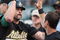 OAKLAND, CA - JUNE 23: Jason Giambi #16 of the Oakland Athletics is congratulated after hitting a home run against the San Francisco Giants during a Major League Baseball game on June 23, 2009 at the Oakland Coliseum in Oakland, California. (Photo by Jed Jacobsohn/Getty Images)
