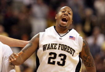 WINSTON-SALEM, NC - FEBRUARY 26: James Johnson #23 of the Wake Forest Demon Deacons reacts to a dunk against the North Carolina State Wolfpack during the Demon Deacons 85-78 victory at Lawrence Joel Coliseum on February 26, 2009 in Winston-Salem, North Carolina.  (Photo by Streeter Lecka/Getty Images)
