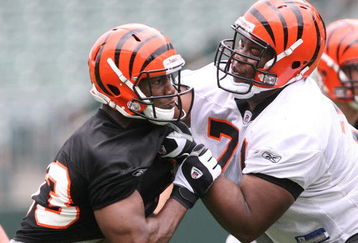 CINCINNATI, OH - MAY 1:  Cincinnati Bengals first round draft pick Andre Smith #71, right, battles withthird round draft pick Michael Johnson #93 during rookie minicamp at Paul Brown Stadium on May 1, 2009 in Cincinnati, Ohio.  (Photo by Mark Lyons/Getty Images)