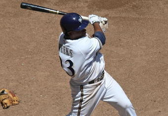 MILWAUKEE - MAY 14: Rickie Weeks #23 of the Milwaukee Brewers hits the ball against the Florida Marlins on May 14, 2009 at Miller Park in Milwaukee, Wisconsin. The Brewers defeated the Marlins 5-3. (Photo by Jonathan Daniel/Getty Images)