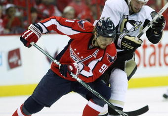 WASHINGTON - MAY 13: Sergei Fedorov #91 of the Washington Capitals skates against Jordan Staal #11 of the Pittsburgh Penguins during Game Seven of the Eastern Conference Semifinal Round of the 2009 Stanley Cup Playoffs at Verizon Center May 13, 2009 in Washington, DC. (Photo by Bruce Bennett/Getty Images)