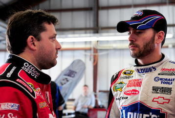SONOMA, CA - JUNE 20: (L-R) Tony Stewart, driver of the #14 Office Depot Chevrolet, speaks with Jimmie Johnson, driver of the #48 Lowe's Chevrolet, in the garage during practice for the NASCAR Sprint Cup Series Toyota/Save Mart 350 at the Infineon Raceway on June 20, 2009 in Sonoma, California.  (Photo by Rusty Jarrett/Getty Images for NASCAR)