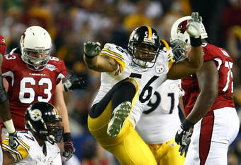 TAMPA, FL - FEBRUARY 01:  LaMarr Woodley #56 of the Pittsburgh Steelers reacts after he sacked quarterback Kurt Warner #13 of the Arizona Cardinals during Super Bowl XLIII on February 1, 2009 at Raymond James Stadium in Tampa, Florida.  (Photo by Chris McGrath/Getty Images)