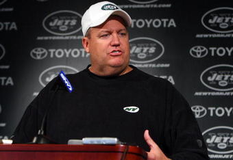 FLORHAM PARK, NJ - MAY 02:  Head coach Rex Ryan of the New York Jets speaks to the media during minicamp on May 2, 2009 at the Atlantic Health Jets Training Center in Florham Park, New Jersey.  (Photo by Jim McIsaac/Getty Images)