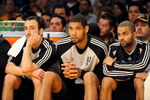 LOS ANGELES, CA - JANUARY 25:  (L-R) Manu Ginobili #20, Tim Duncan #21, and Tony Parker #9 of the San Antonio Spurs watch from the sidelines during the third quarter against the Los Angeles Lakers at the Staples Center on January 25, 2009 in Los Angeles, California.  The Lakers defeated the Spurs 99-85.  NOTE TO USER:  User expressly acknowledges and agrees that, by downloading and/or using this photograph, User is consenting to the terms and conditions of the Getty Images License Agreement.  (Photo by Harry How/Getty Images)