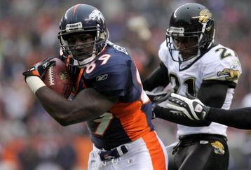 DENVER - OCTOBER 12:  Tight end Daniel Graham #89 of the Denver Broncos breaks the tackle of Drayton Florence #31 of the Jacksonville Jaguars as he scores the final points of the game on an 11 yard reception in the fourth quarter during NFL action at Invesco Field at Mile High on October 12, 2008 in Denver, Colorado. The Jaguars defeated the Broncos 24-17.  (Photo by Doug Pensinger/Getty Images)