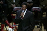 CHICAGO - DECEMBER 9:  Scottie Pippen, formerly of the Chicago Bulls, addresses the crowd during a ceremony retiring his #33 at halftime of a game between the Bulls and the Los Angeles Lakers on December 9, 2005 at the United Center in Chicago, Illinois.  NOTE TO USER: User expressly acknowledges and agreees that, by downloading and/or using this Photograph, User is consenting to the terms and conditions of the Getty Images License Agreement. (Photo by Jonathan Daniel/Getty Images)