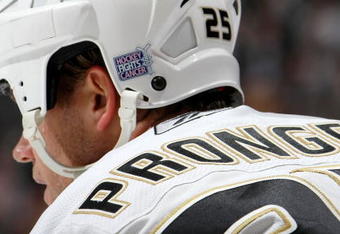 TORONTO - OCTOBER 21:  Chris Pronger #25 of the Anaheim Ducks prepares for a face-off against the Toronto Maple Leafs with the Hockey Fights Cancer logo on his helmet during a NHL game at the Air Canada Centre October 21, 2008 in Toronto, Ontario.(Photo By Dave Sandford/Getty Images)