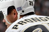 TORONTO - OCTOBER 21:  Chris Pronger #25 of the Anaheim Ducks prepares for a face-off against the Toronto Maple Leafs with the Hockey Fights Cancer logo on his helmet during a NHL game at the Air Canada Centre October 21, 2008 in Toronto, Ontario.(Photo By Dave Sandford/Getty Images)