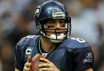 IRVING, TX - NOVEMBER 27:  Quarterback Matt Hasselbeck #8 of the Seattle Seahawks drops back to pass against the Dallas Cowboys in the first quarter at Texas Stadium on November 27, 2008 in Irving, Texas.  (Photo by Ronald Martinez/Getty Images)