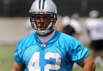 CHARLOTTE,NC- MAY 1: Fourth round draft pick Tony Fiammetta #41 of the Carolina Panthers heads over to a drill as minicamp practice gets set to begin at the team's practice facility on May 1, 2009 in Charlotte, North Carolina. (Photo by Steve Dykes/Getty Images)