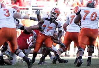 COLUMBUS, OH - OCTOBER 7:  Bowling Green Falcons quarterback Anthony Turner #17 is sacked by Quinn Pitcock #90 of the Ohio State Buckeyes during the second quarter on October 7, 2006 at Ohio Stadium in Columbus, Ohio.  Ohio State defeated Bowling Green 35-7.  (Photo by David Maxwell/Getty Images)