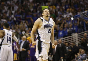 ORLANDO, FL - JUNE 11:  Hedo Turkoglu #15 of the Orlando Magic heads toward the sideline during Game Four of the 2009 NBA Finals against the Los Angeles Lakers on June 11, 2009 at Amway Arena in Orlando, Florida. The Lakers won in overtime 99-91. NOTE TO USER:  User expressly acknowledges and agrees that, by downloading and or using this photograph, User is consenting to the terms and conditions of the Getty Images License Agreement. (Photo by Chris Graythen/Getty Images)