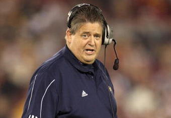 LOS ANGELES - NOVEMBER 29:  Head coach Charlie Weis of the Notre Dame Fighting Irish walks on the sidelines during the game against the USC Trojans at the Memorial Coliseum on November 29, 2008 in Los Angeles, California. (Photo by: Jeff Gross/Getty Images)
