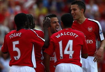 LONDON, ENGLAND - MAY 24:  Cesc Fabregas of Arsenal celebrates after their first goal during the Barclays Premier League match between Arsenal and Stoke City at Emirates Stadium on May 24, 2009 in London, England.  (Photo by Ryan Pierse/Getty Images)
