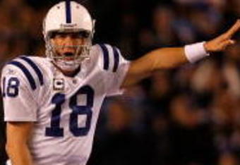 SAN DIEGO - JANUARY 03:  Quarterback Peyton Manning #18 of the Indianapolis Colts calls signals to his team during the AFC Wild Card Game against the San Diego Chargers on January 3, 2009 at Qualcomm Stadium in San Diego, California.  (Photo by Harry How/Getty Images)