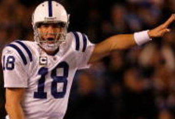 SAN DIEGO - JANUARY 03:  Quarterback Peyton Manning #18 of the Indianapolis Colts calls signals to his team during the AFC Wild Card Game against the San Diego Chargers on January 3, 2009 at Qualcomm Stadium in San Diego, California.  (Photo by Harry How/Getty Images)
