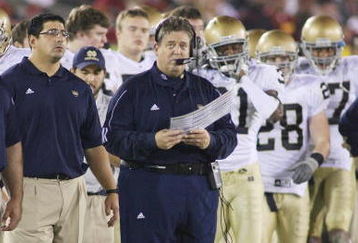 LOS ANGELES - NOVEMBER 29:  Head coach Charlie Weis of the Notre Dame Fighting Irish looks on from the sideline against the USC Trojans on November 29, 2008 at the Los Angeles Memorial Coliseum in Los Angeles, California.  USC won 38-3.  (Photo by Jeff Golden/Getty Images)
