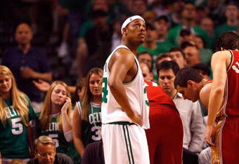BOSTON - MAY 18:  Paul Pierce #34 of the Boston Celtics looks on as LeBron James #23 of the Cleveland Cavaliers grabs his right shoulder in Game Seven of the Eastern Conference Semifinals during the 2008 NBA Playoffs at the TD Banknorth Garden May 18, 2008 in Boston, Massachusetts. NOTE TO USER: User expressly acknowledges and agrees that, by downloading and or using this Photograph, user is consenting to the terms and conditions of the Getty Images License Agreement.  (Photo by Jim Rogash/Getty Images)
