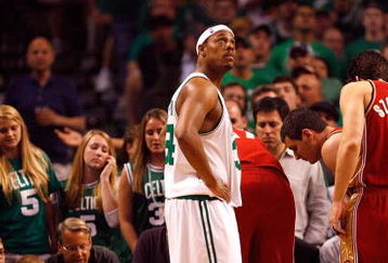 BOSTON - MAY 18:  Paul Pierce #34 of the Boston Celtics looks on as LeBron James #23 of the Cleveland Cavaliers grabs his right shoulder in Game Seven of the Eastern Conference Semifinals during the 2008 NBA Playoffs at the TD Banknorth Garden May 18, 2008 in Boston, Massachusetts. NOTE TO USER: User expressly acknowledges and agrees that, by downloading and or using this Photograph, user is consenting to the terms and conditions of the Getty Images License Agreement.  (Photo by Jim Rogash/Getty Images)
