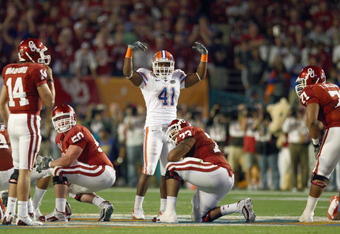 MIAMI - JANUARY 08:  Ryan Stamper #41 of the Florida Gators gets the crowd fired up during the FedEx BCS National Championship Game against the Oklahoma Sooners at Dolphin Stadium on January 8, 2009 in Miami, Florida.  (Photo by Donald Miralle/Getty Images)