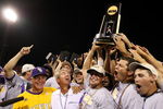 OMAHA, NE - JUNE 24:  The Louisiana State University Tigers celebrate the win over the Texas Longhorns during Game 3 of the 2009 NCAA College World Series at Rosenblatt Stadium on June 24, 2009 in Omaha, Nebraska. The Tigers defeated the Longhorns 11-4 to win the national title.  (Photo by Elsa/Getty Images)