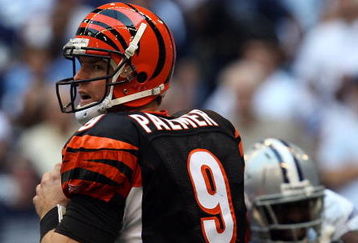 IRVING, TX - OCTOBER 05:  Quarterback Carson Palmer #9 of the Cincinnati Bengals drops back to pass against the Dallas Cowboys at Texas Stadium on October 5, 2008 in Irving, Texas.  (Photo by Ronald Martinez/Getty Images)