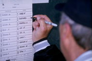 2 Mar 1998:  A general view of the Chicago White Sox line-up card  during a spring training game against the Chicago Cubs at Hohokam Park in Mesa, Arizona.  The White Sox defeated the Cubs 8-3. Mandatory Credit: Brian Bahr  /Allsport