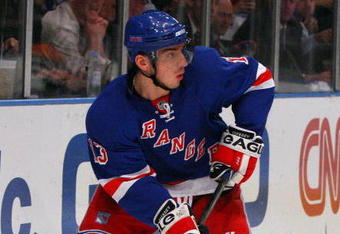 NEW YORK - APRIL 22:  Nikolai Zherdev #13 of the New York Rangers skates against the Washington Capitals during Game Four of the Eastern Conference Quarterfinal Round of the 2009 NHL Stanley Cup Playoffs on April 22, 2008 at Madison Square Garden in New York City.  (Photo by Jim McIsaac/Getty Images)