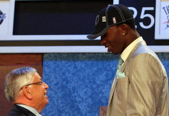 NEW YORK - JUNE 25:  NBA Commissioner David Stern shakes hands with the second overall draft pick by the Memphis Grizzlies,  Hasheem Thabeet during the 2009 NBA Draft at the Wamu Theatre at Madison Square Garden June 25, 2009 in New York City. NOTE TO USER: User expressly acknowledges and agrees that, by downloading and/or using this Photograph, User is consenting to the terms and conditions of the Getty Images License Agreement.  (Photo by Jim McIsaac/Getty Images)