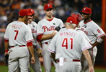 NEW YORK - JUNE 09:  J.A. Happ #43 of the Philadelphia Phillies waits on the mound before being taken out of the game by manager Charlie Manuel #41 against the  New York Mets during their game at Citi Field on June 9, 2009 in the Flushing neighborhood of the Queens borough of New York City.  (Photo by Chris McGrath/Getty Images)