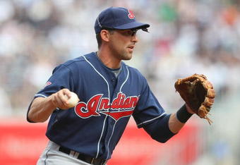 NEW YORK - APRIL 18:  Mark DeRosa #7  of the Cleveland Indians in the field against the New York Yankees at Yankee Stadium on April 18, 2009 in the Bronx borough of New York City.  (Photo by Nick Laham/Getty Images)