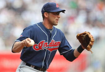 NEW YORK - APRIL 18:  Mark DeRosa #7  of the Cleveland Indians in the field against the New York Yankees at Yankee Stadium on April 18, 2009 in the Bronx borough of New York City.  (Photo by Nick Laham/Getty Images)
