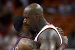 MIAMI - FEBRUARY 01:  Shaquille O'Neal #32 of the Miami Heat greets LeBron James #23 of the Cleveland Cavaliers before the game at American Airlines Arena February 1, 2007 in Miami, Florida. NOTE TO USER: User expressly acknowledges and agrees that, by downloading and or using this photograph, User is consenting to the terms and conditions of the Getty Images License Agreement.  (Photo by Doug Benc/Getty Images)