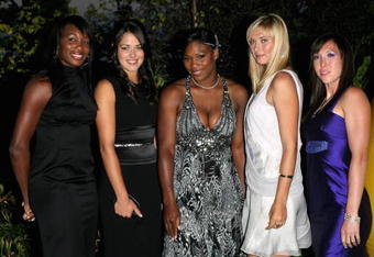 LONDON - JUNE 19:  (L-R) Tennis players Venus Williams, Ana Ivanovic, Serena Williams, Maria Sharapova and Jelena Jankovic attend the Sony Ericsson WTA Tour pre-Wimbledon Player Party at Kensington Roof Gardens June 19, 2008 in London, England.  (Photo by Tim Whitby/Getty Images)