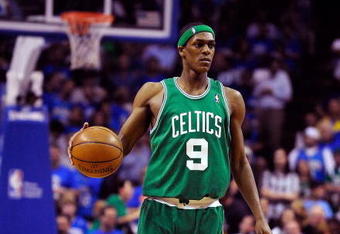 ORLANDO, FL - MAY 14:  Rajon Rondo #9 of the Boston Celtics sets up the offense in Game Six of the Eastern Conference Semifinals during the 2009 NBA Playoffs against the Orlando Magic at Amway Arena on May 14, 2009 in Orlando, Florida.  NOTE TO USER: User expressly acknowledges and agrees that, by downloading and/or using this Photograph, user is consenting to the terms and conditions of the Getty Images License Agreement.  (Photo by Sam Greenwood/Getty Images)