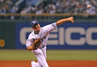 ST. PETERSBURG, FL - APRIL 13: Pitcher Scott Kazmir #19 of the Tampa Bay Rays starts against the New York Yankees on April 13, 2009 at Tropicana Field  in St. Petersburg, Florida.  (Photo by Al Messerschmidt/Getty Images) 