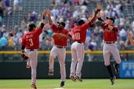 DENVER - MAY 14: Kazuo Matsui #3, Michael Bourn #21, Miguel Tejada #10 and Hunter Pence #9 of the Houston Astros celebrate after defeating the Colorado Rockies during MLB action at Coors Field on May 14, 2009 in Denver, Colorado. The Astros defeated the Rockies 5-3. (Photo by Doug Pensinger/Getty Images)