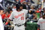 ATLANTA - APRIL 10: Outfielder Lastings Milledge #85 of Washington Nationals bats against the Atlanta Braves April 10, 2009 in Atlanta, Georgia.  (Photo by Al Messerschmidt/Getty Images) 