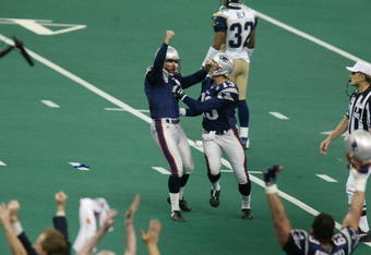 03 Feb 2002:   Adam Vinatieri #4 of the New England Patriots breaks into celebration after kicking the game winning field goal against the St.Louis Rams during Superbowl XXXVI at the Superdome in New Orleans, Louisiana.  The Patriots defeated the Rams 20-17. DIGITAL IMAGE. Mandatory Credit: Al Bello/Getty Images