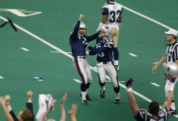 03 Feb 2002:   Adam Vinatieri #4 of the New England Patriots breaks into celebration after kicking the game winning field goal against the St.Louis Rams during Superbowl XXXVI at the Superdome in New Orleans, Louisiana.  The Patriots defeated the Rams 20-17. DIGITAL IMAGE. Mandatory Credit: Al Bello/Getty Images